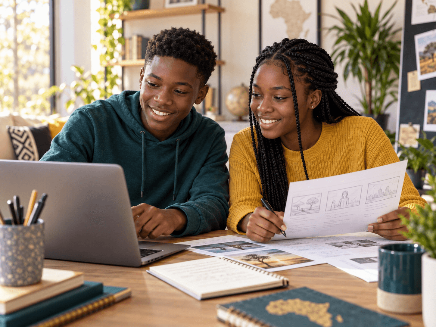 Two teenage learners developing a storyboard together with a laptop.