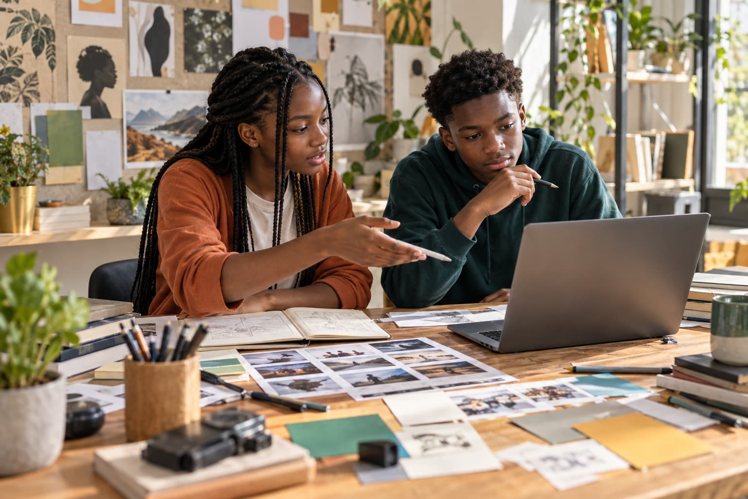 Two learners developing visual stories with sketches, photos, and a laptop