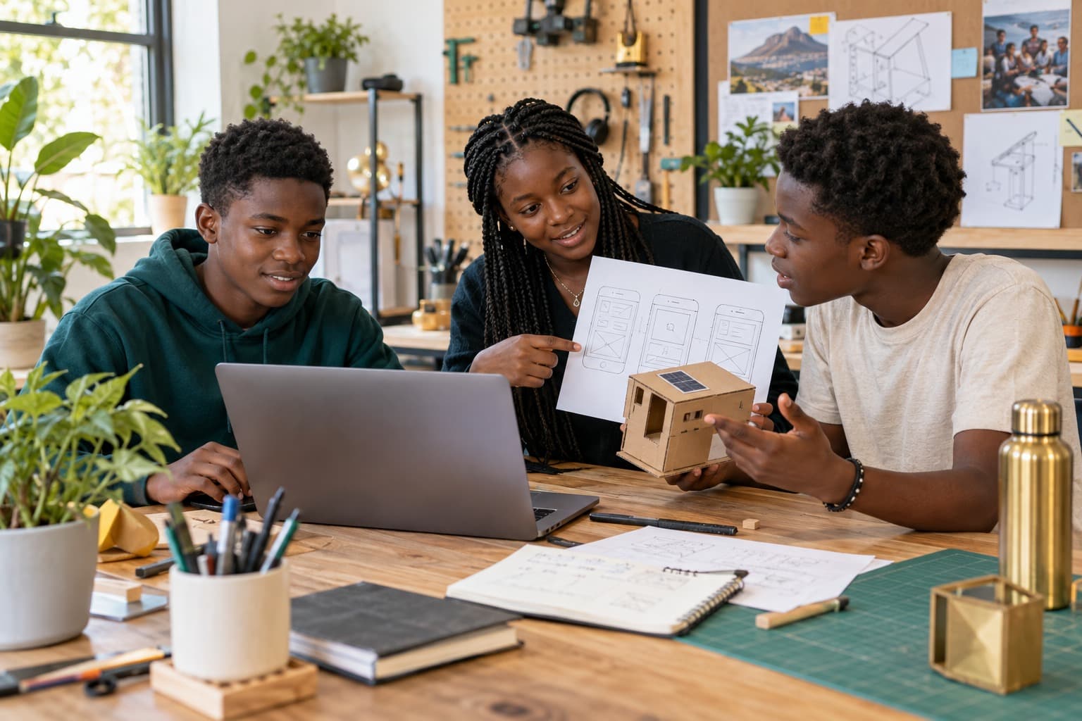 Three learners discussing a website plan and a model house beside a laptop